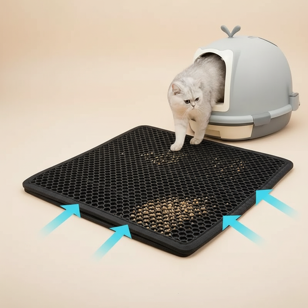 Cat on litter mat with beige background