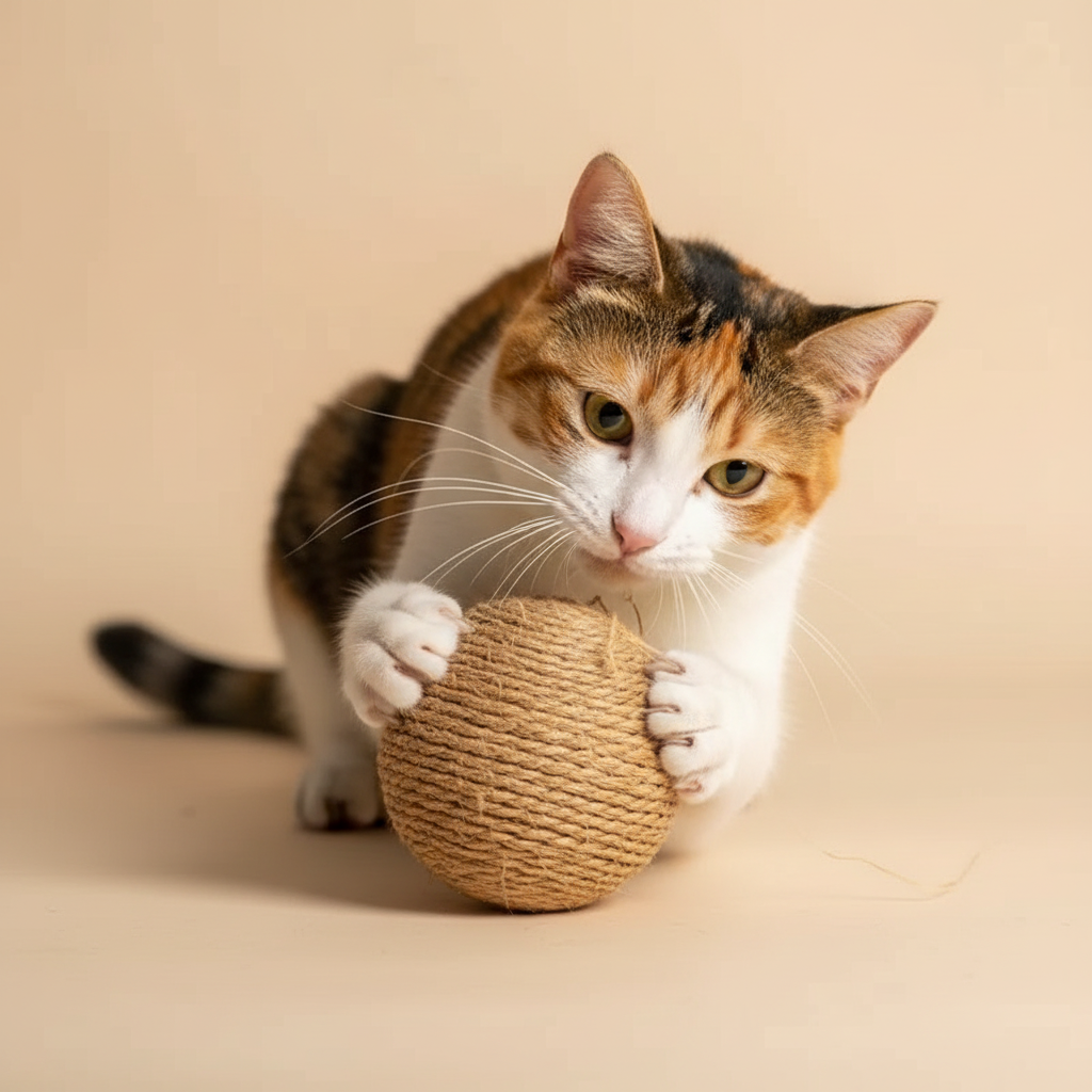 Cat playing with sisal ball on beige background