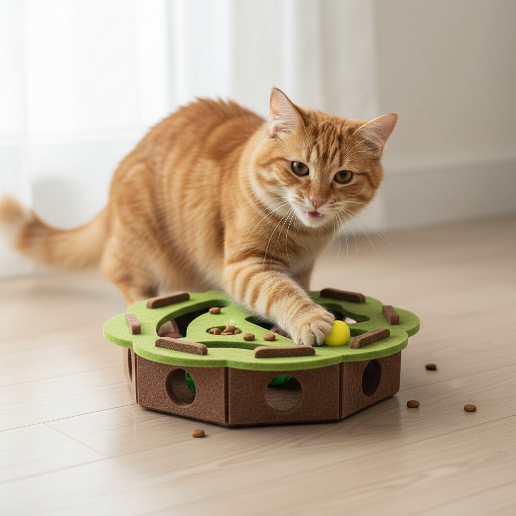 Cat with puzzle treat ball on beige background