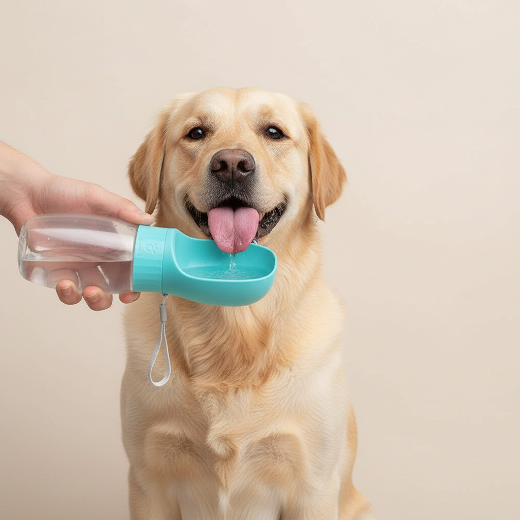Dog drinking from water bottle on beige background