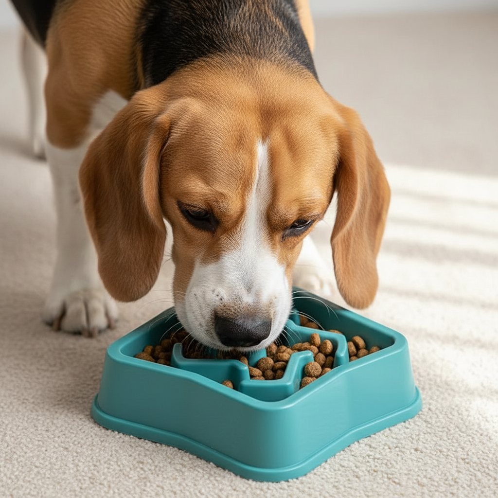 Dog eating from slow feeder bowl on beige background